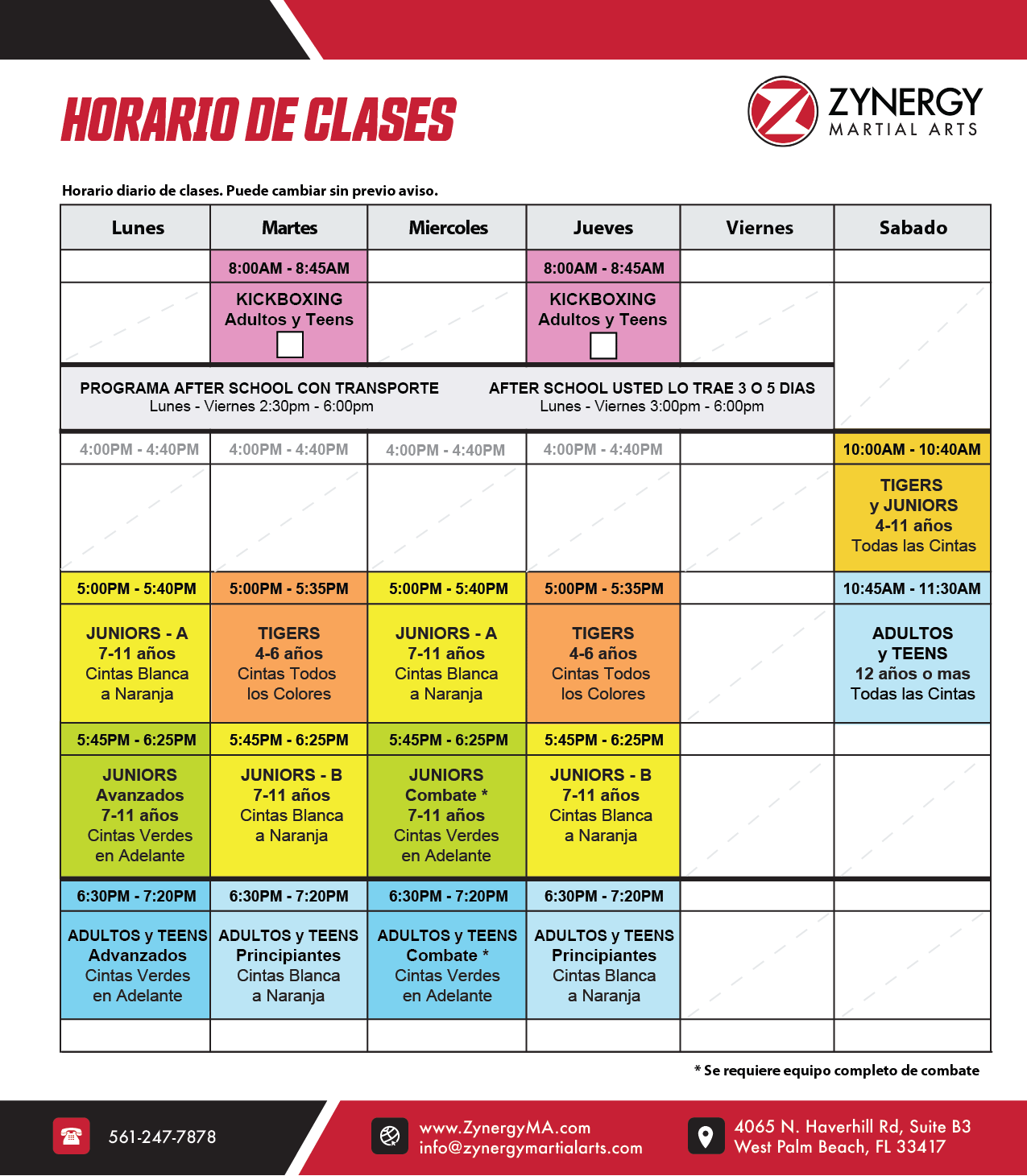 horario-clases-zynergy-martial-arts-taekwondo-west-palm-beach